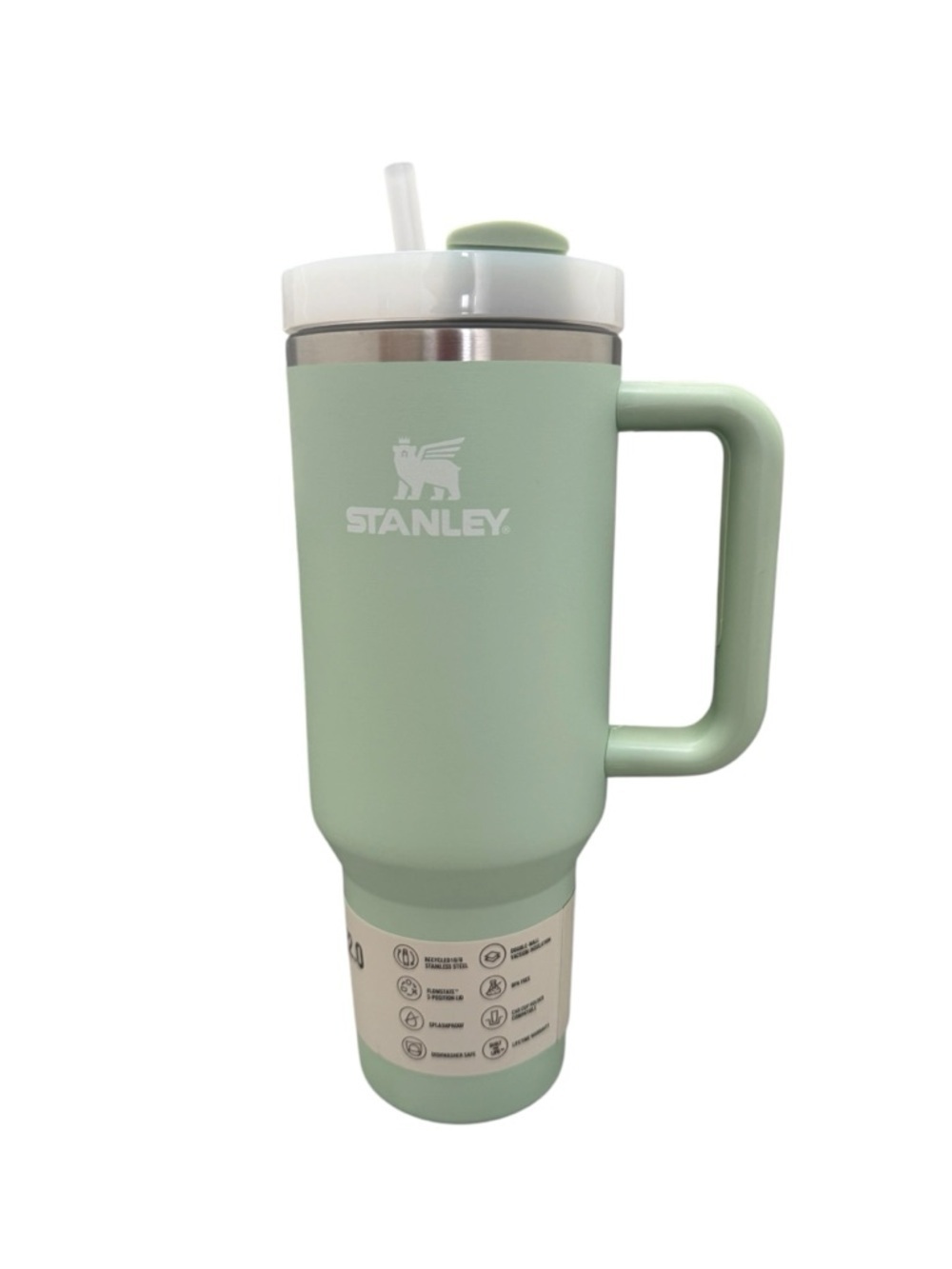 New! Stanley Mint Green Insulated Travel Mug with Handle and Straw Lid 40 oz